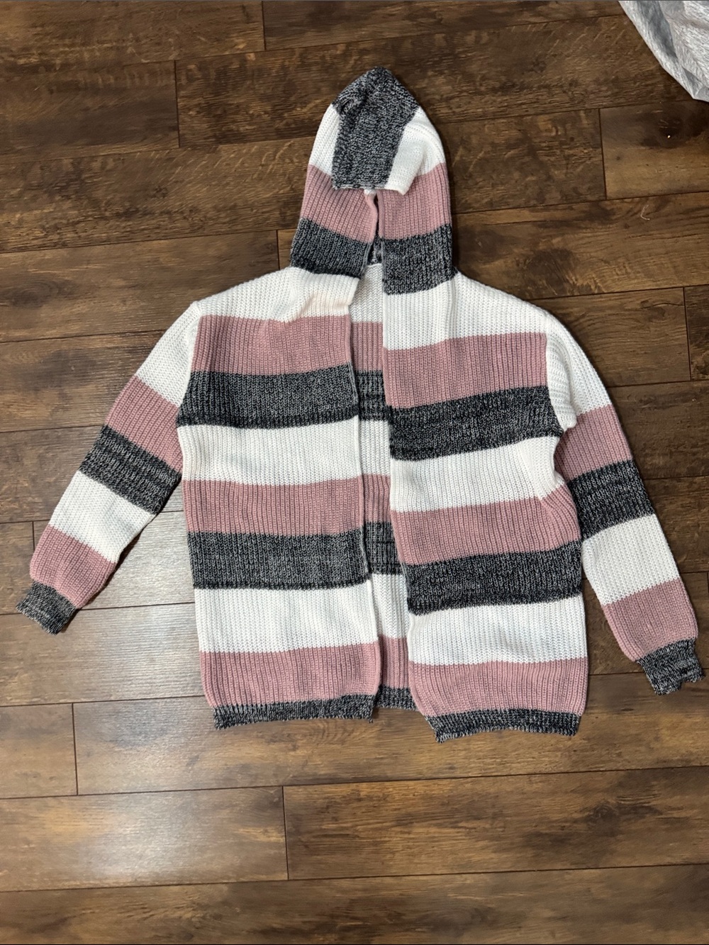 SHEIN Open-Front Striped Knit Cardigan in Mauve, White & Charcoal